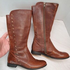 Born Women Brown Leather Tall Riding Boots Studded Side Zip 6M D86137 Indie Boho